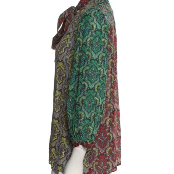 Alice Olivia Top M Sheila Blouson Tie Neck Bow Paisely Boho 3/4 Slv Career Sheer - Picture 5 of 5